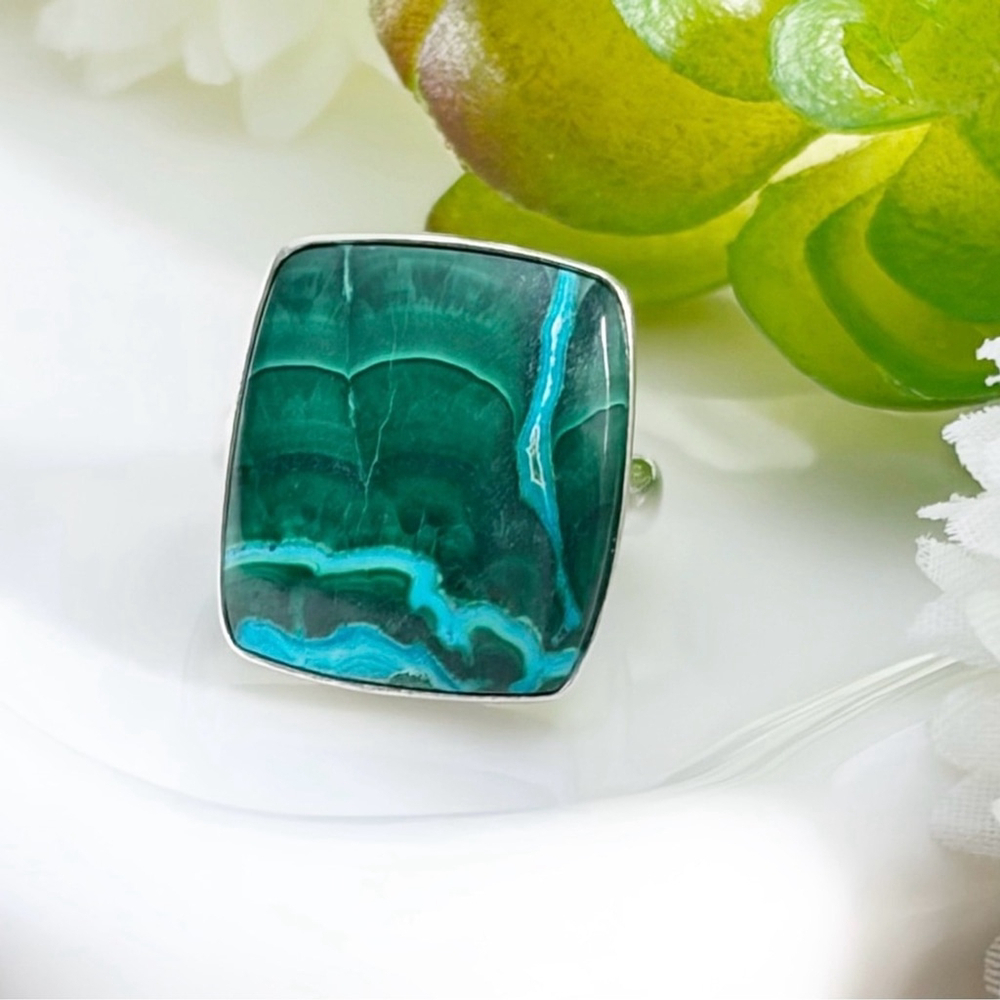Pure Sterling Silver 925 Malachite Chrysocolla Long Ring Size 8 1/4 8.25 New